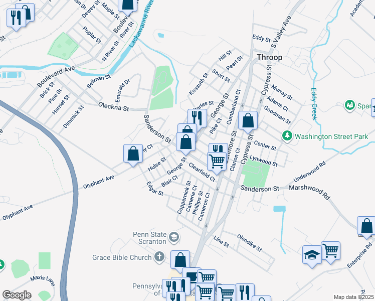 map of restaurants, bars, coffee shops, grocery stores, and more near 223 George Street in Throop