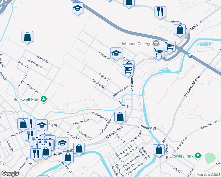 map of restaurants, bars, coffee shops, grocery stores, and more near 181 Charles Street in Scranton