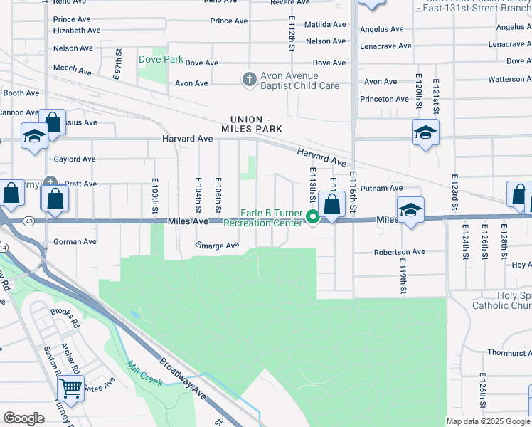 map of restaurants, bars, coffee shops, grocery stores, and more near 11026 Miles Avenue in Cleveland