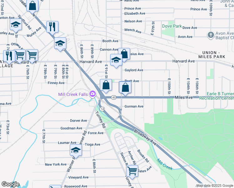 map of restaurants, bars, coffee shops, grocery stores, and more near 9200 Miles Avenue in Cleveland