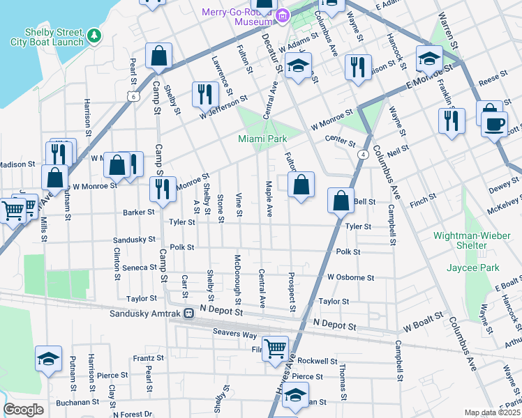 map of restaurants, bars, coffee shops, grocery stores, and more near 1223 Central Avenue in Sandusky