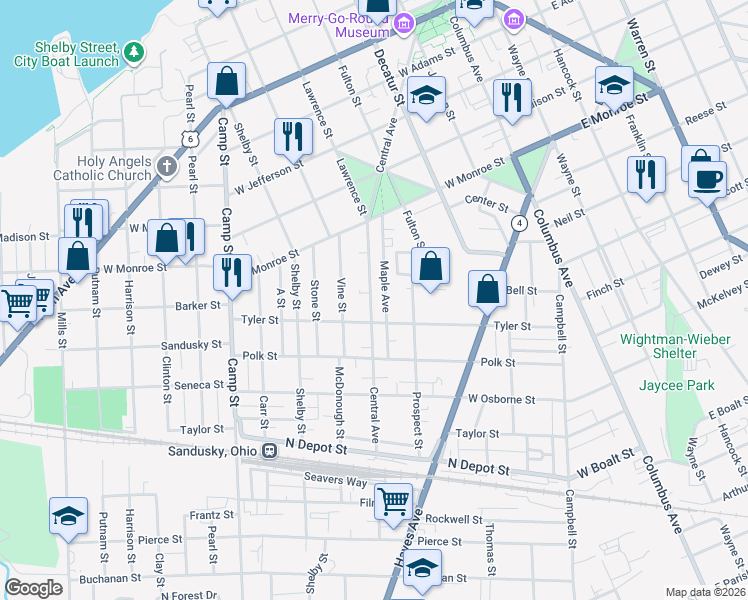 map of restaurants, bars, coffee shops, grocery stores, and more near 1208 Central Avenue in Sandusky
