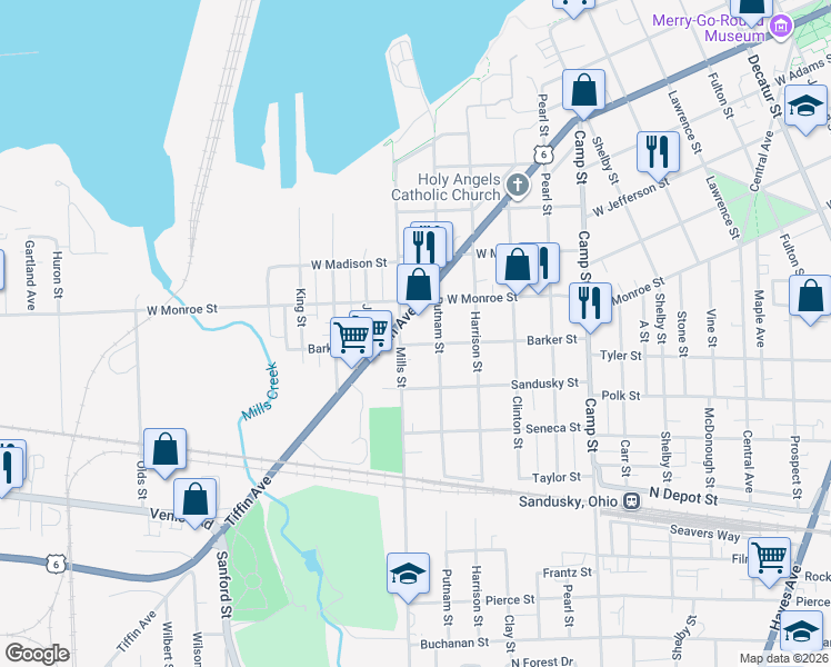 map of restaurants, bars, coffee shops, grocery stores, and more near 1925 Barker Street in Sandusky