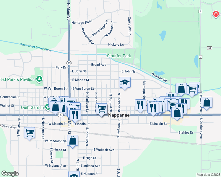 map of restaurants, bars, coffee shops, grocery stores, and more near North Summit Street in Nappanee
