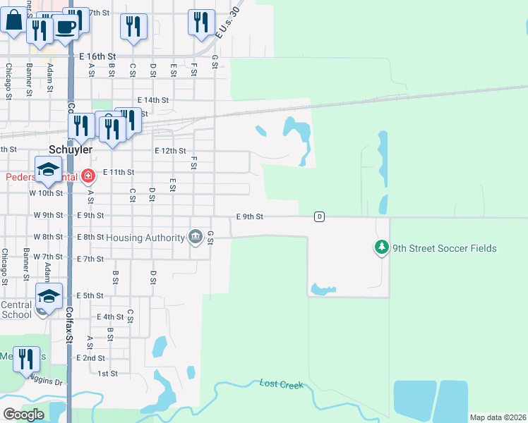 map of restaurants, bars, coffee shops, grocery stores, and more near 901-1399 East 9th Street in Schuyler