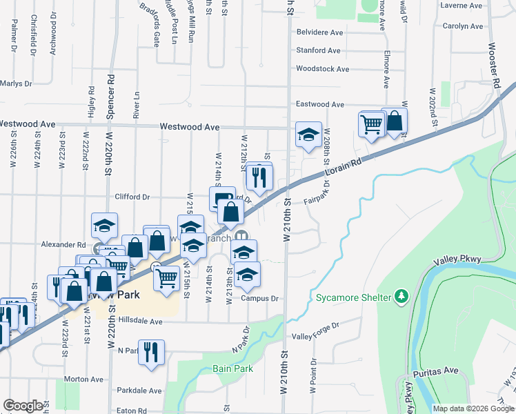 map of restaurants, bars, coffee shops, grocery stores, and more near 21135 Lorain Road in Fairview Park