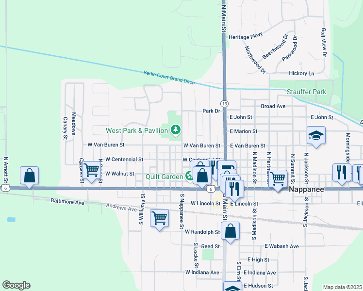 map of restaurants, bars, coffee shops, grocery stores, and more near W Van Buren St & N Nappanee St in Nappanee