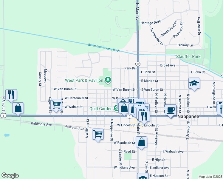 map of restaurants, bars, coffee shops, grocery stores, and more near W Van Buren St & N Nappanee St in Nappanee