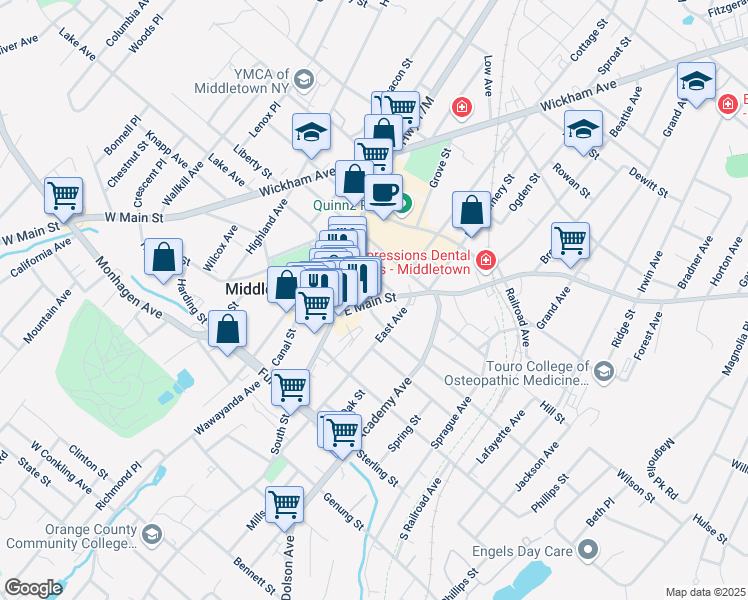 map of restaurants, bars, coffee shops, grocery stores, and more near 35 East Main Street in Middletown