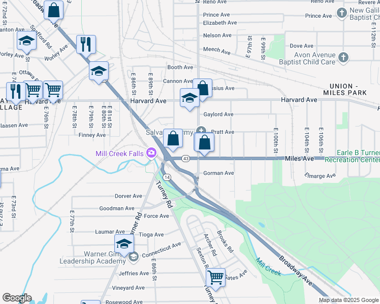 map of restaurants, bars, coffee shops, grocery stores, and more near 9213 Miles Avenue in Cleveland
