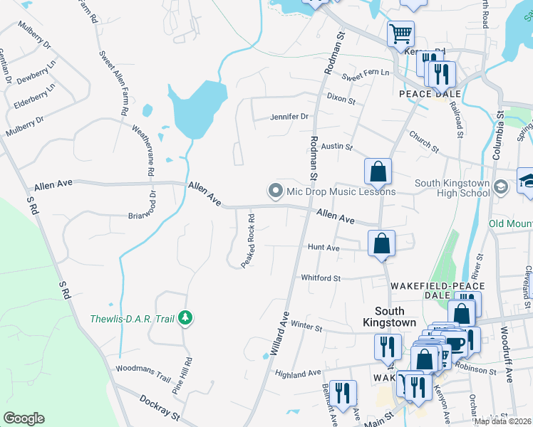 map of restaurants, bars, coffee shops, grocery stores, and more near 194 Allen Avenue in South Kingstown
