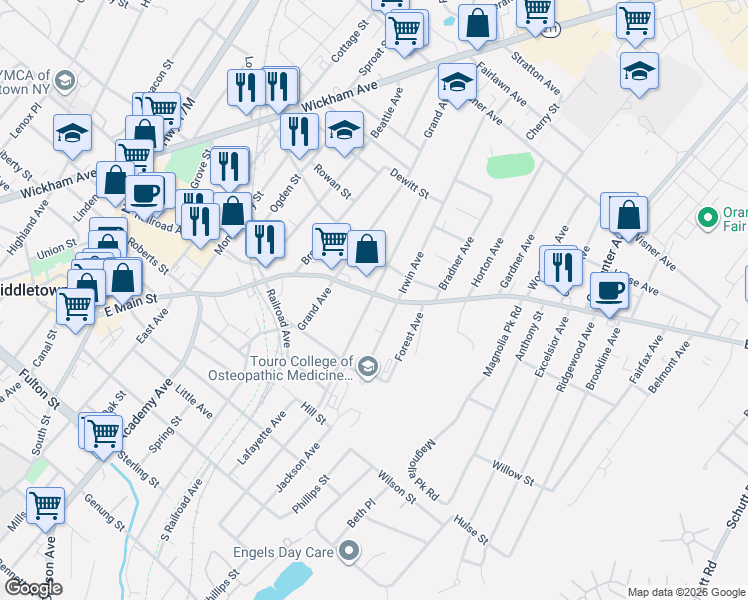map of restaurants, bars, coffee shops, grocery stores, and more near 10 Ridge Street in Middletown