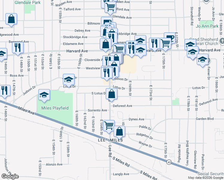 map of restaurants, bars, coffee shops, grocery stores, and more near 16515 Holly Hill Drive in Cleveland