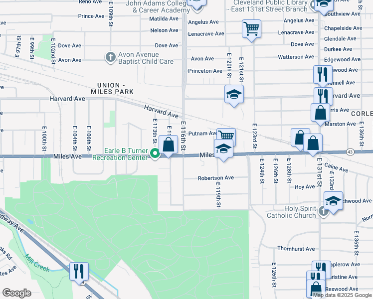 map of restaurants, bars, coffee shops, grocery stores, and more near 11510 Miles Avenue in Cleveland