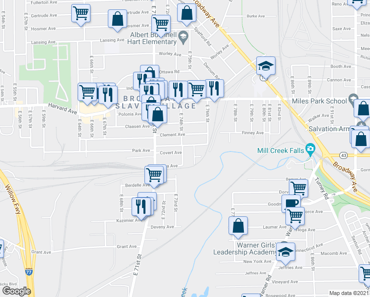 map of restaurants, bars, coffee shops, grocery stores, and more near 4187 East 74th Street in Cleveland