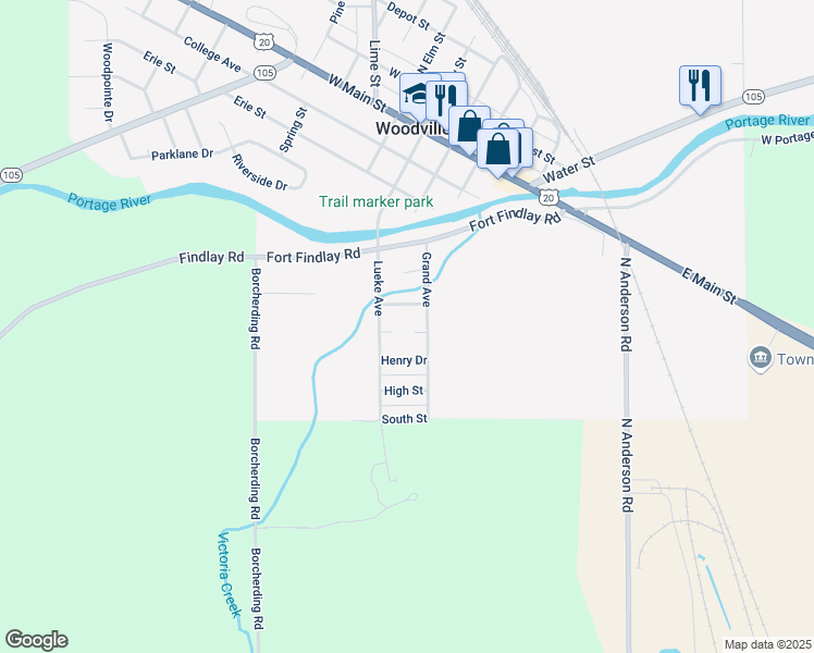map of restaurants, bars, coffee shops, grocery stores, and more near 404 Henry St in Woodville
