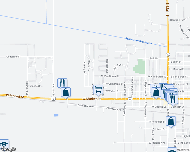 map of restaurants, bars, coffee shops, grocery stores, and more near 342 Pinecroft Street in Nappanee