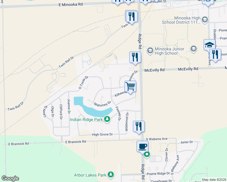 map of restaurants, bars, coffee shops, grocery stores, and more near 518 Kilheeney Drive in Minooka