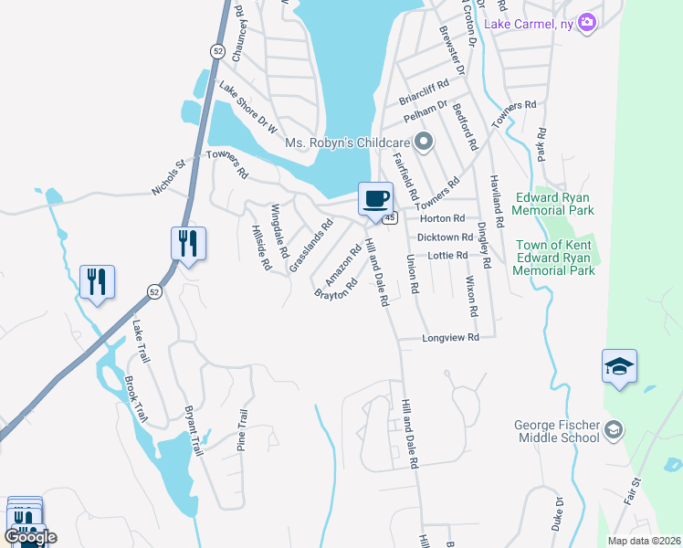map of restaurants, bars, coffee shops, grocery stores, and more near 59 Brayton Road in Carmel Hamlet