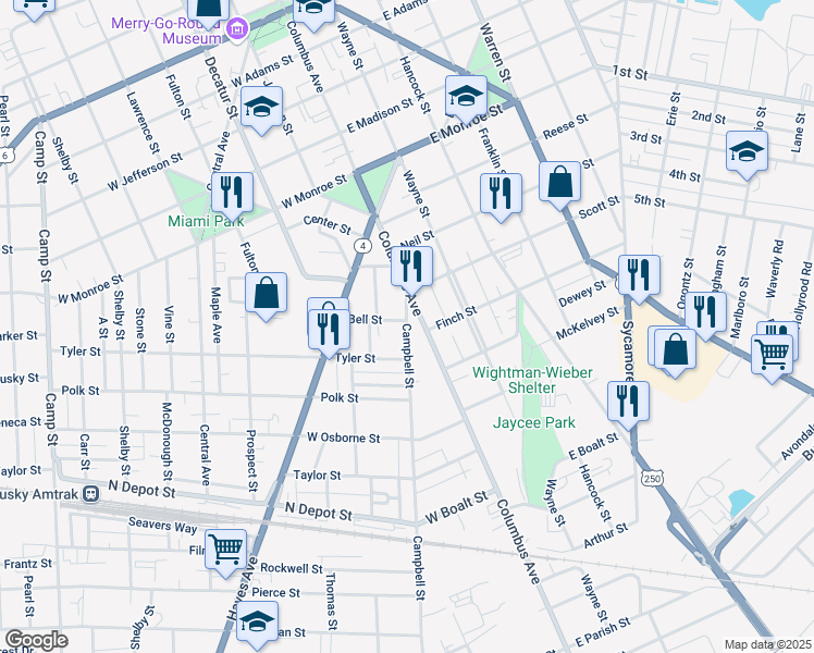 map of restaurants, bars, coffee shops, grocery stores, and more near 1215 Campbell Street in Sandusky