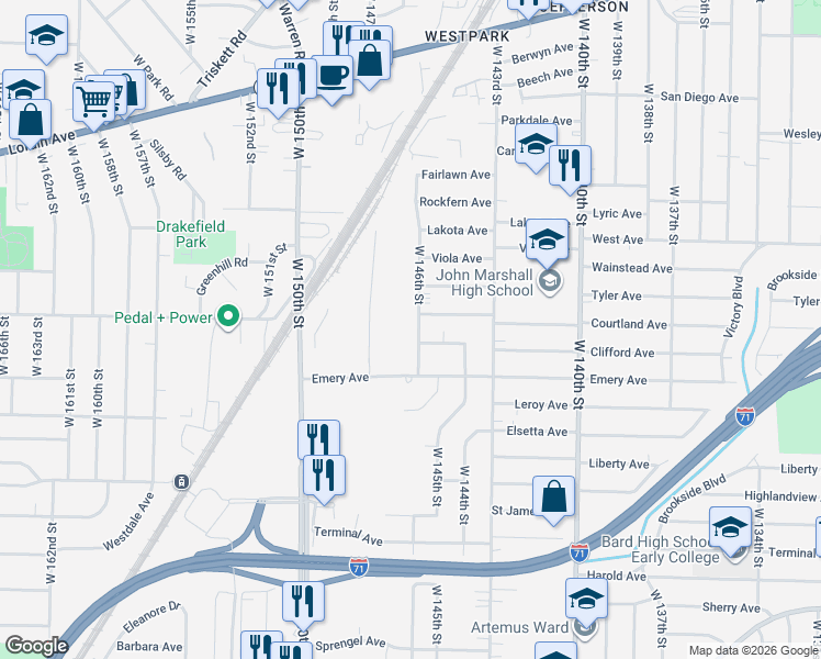 map of restaurants, bars, coffee shops, grocery stores, and more near 4013 West 146th Street in Cleveland