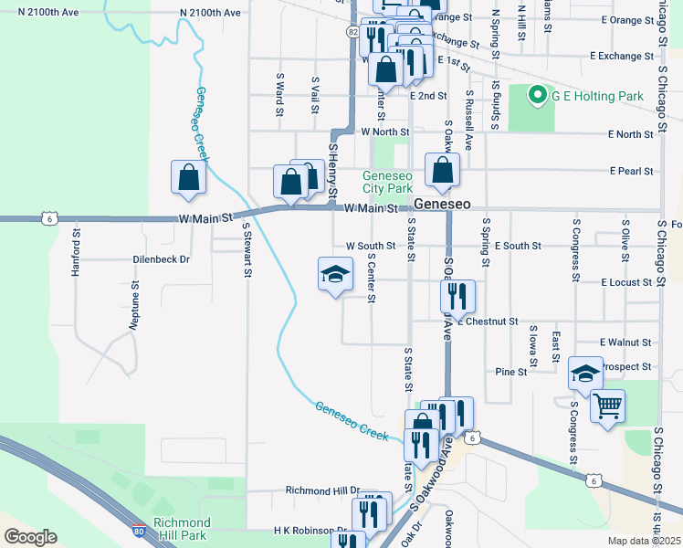 map of restaurants, bars, coffee shops, grocery stores, and more near 98 Maplewood Lane in Geneseo