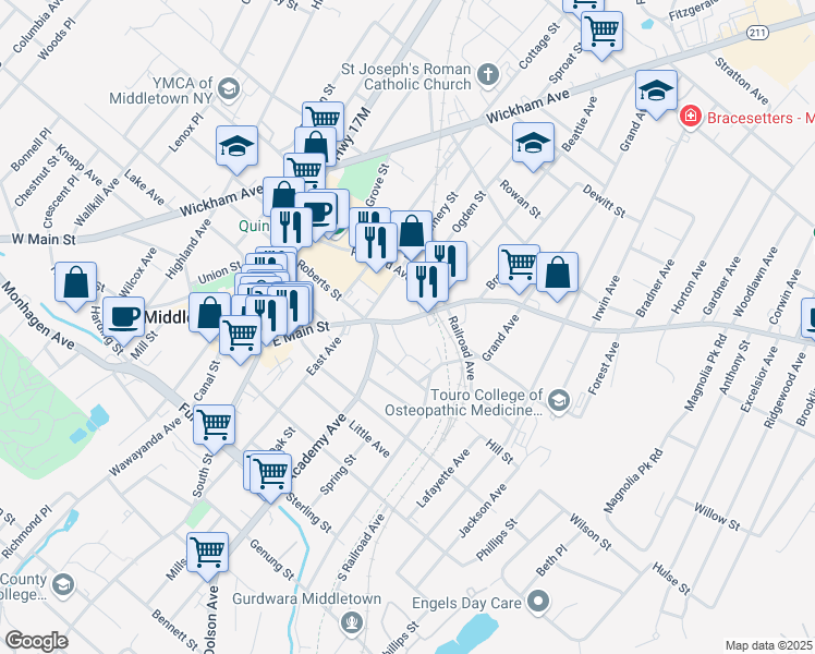 map of restaurants, bars, coffee shops, grocery stores, and more near 110 East Main Street in Middletown