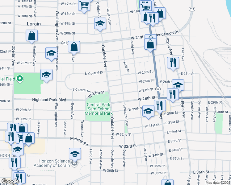 map of restaurants, bars, coffee shops, grocery stores, and more near 506 West 27th Street in Lorain