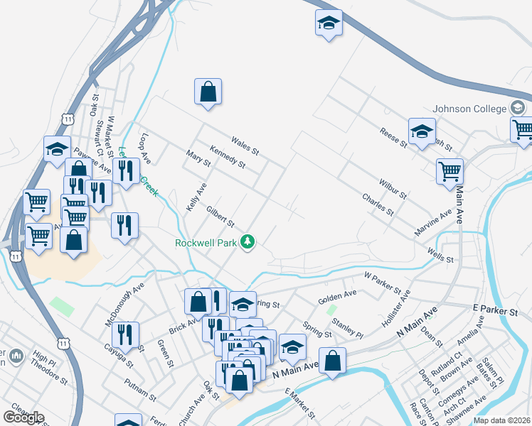 map of restaurants, bars, coffee shops, grocery stores, and more near 2220 Rockwell Ave in Scranton