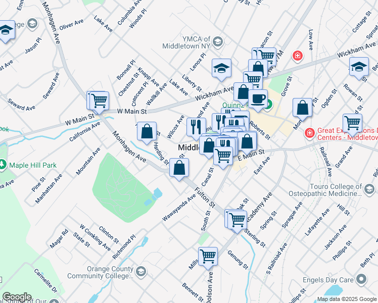 map of restaurants, bars, coffee shops, grocery stores, and more near 29 Mill Street in Middletown