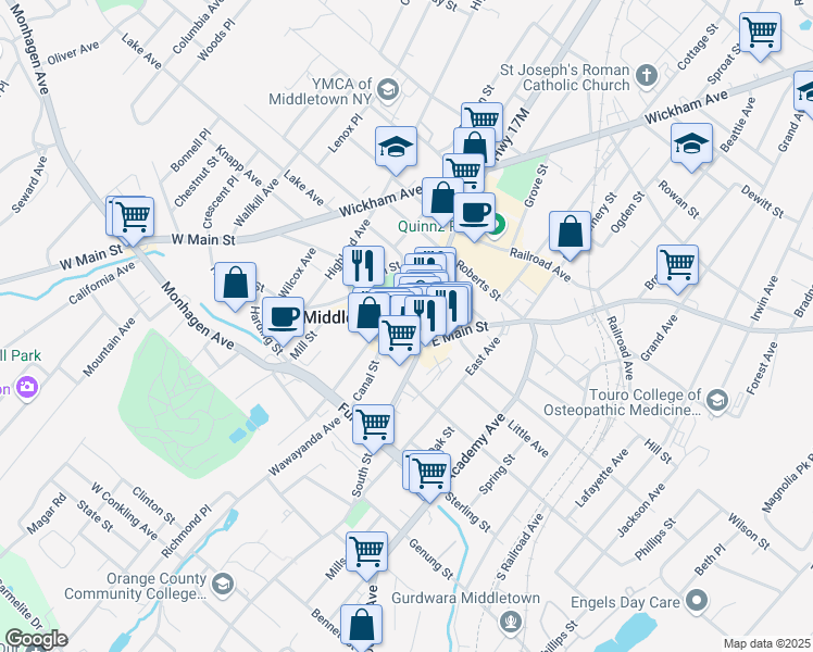 map of restaurants, bars, coffee shops, grocery stores, and more near 12 King Street in Middletown