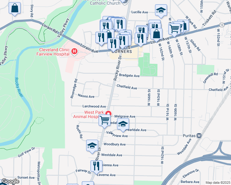 map of restaurants, bars, coffee shops, grocery stores, and more near 4037 Rocky River Drive in Cleveland