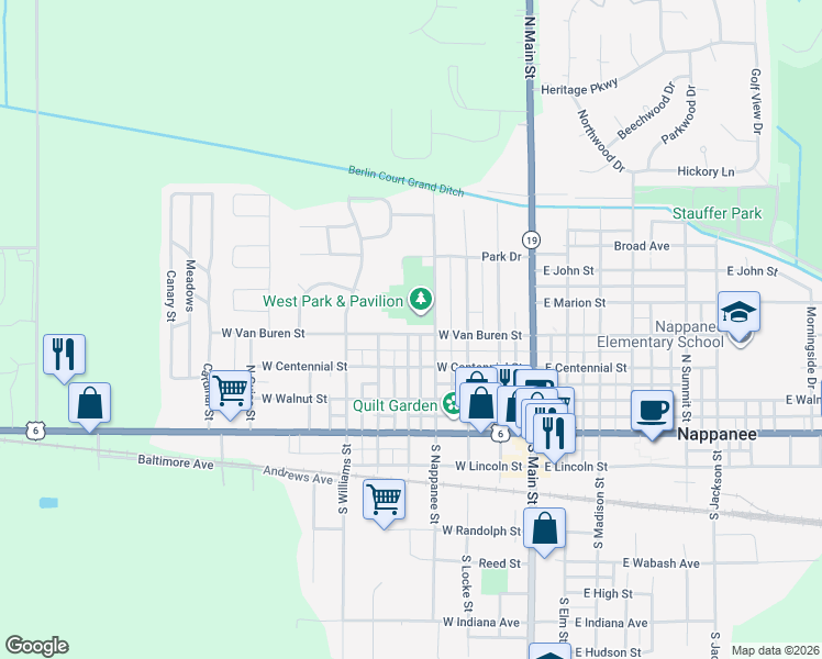 map of restaurants, bars, coffee shops, grocery stores, and more near 308 N Nappanee St in Nappanee