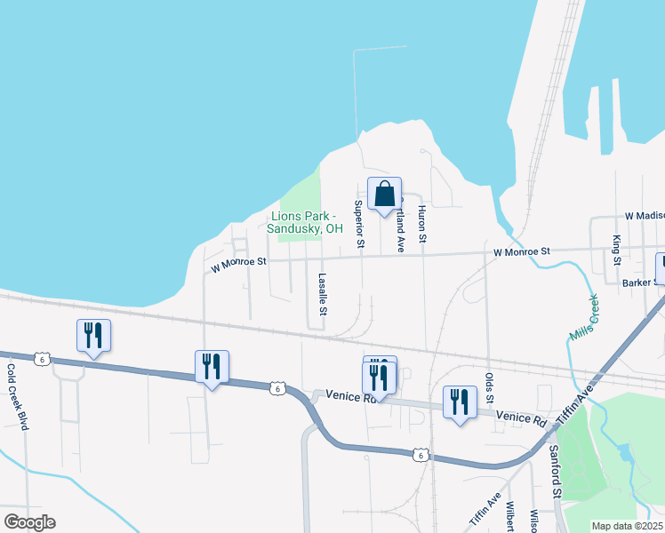 map of restaurants, bars, coffee shops, grocery stores, and more near 1031 Superior Street in Sandusky