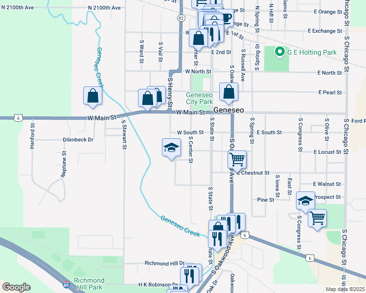 map of restaurants, bars, coffee shops, grocery stores, and more near 98 Maplewood Lane in Geneseo