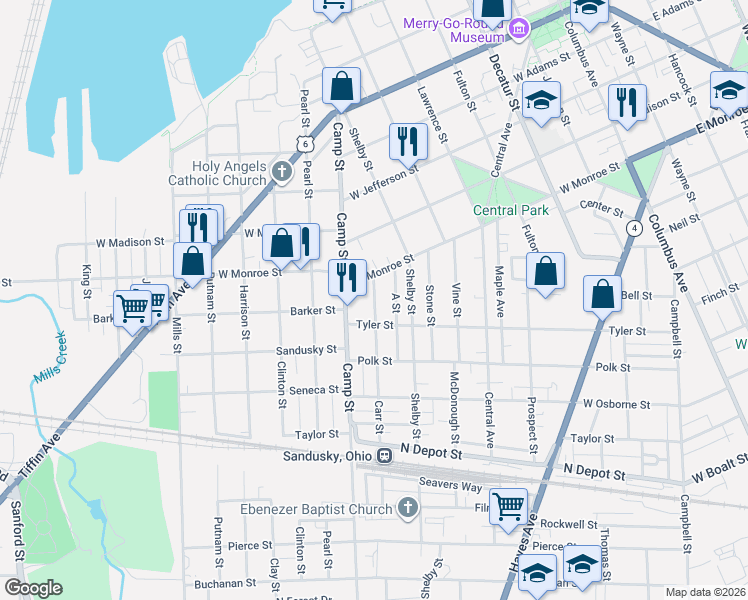 map of restaurants, bars, coffee shops, grocery stores, and more near 1227 Tyler Street in Sandusky