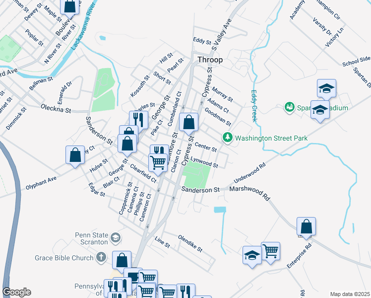 map of restaurants, bars, coffee shops, grocery stores, and more near 424 Cypress Street in Throop
