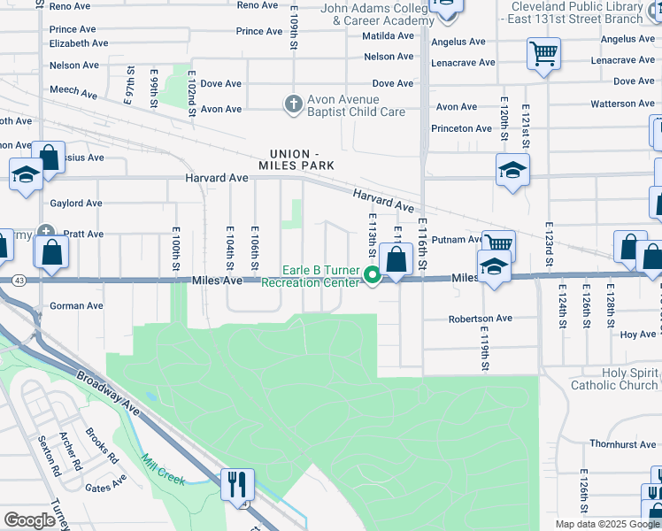 map of restaurants, bars, coffee shops, grocery stores, and more near 11026 Miles Avenue in Cleveland