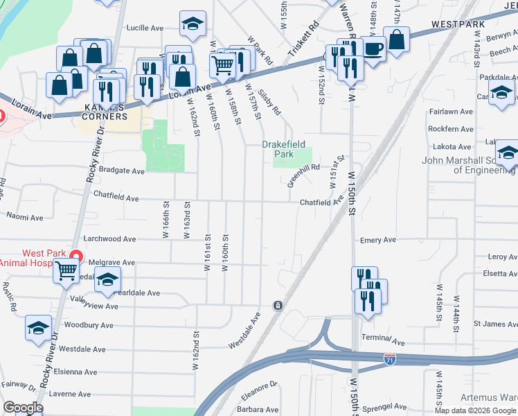 map of restaurants, bars, coffee shops, grocery stores, and more near 4029 West 157th Street in Cleveland