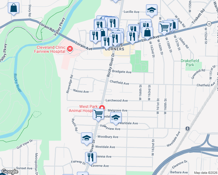 map of restaurants, bars, coffee shops, grocery stores, and more near 4037 Rocky River Drive in Cleveland