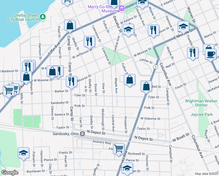 map of restaurants, bars, coffee shops, grocery stores, and more near 1223 Central Avenue in Sandusky