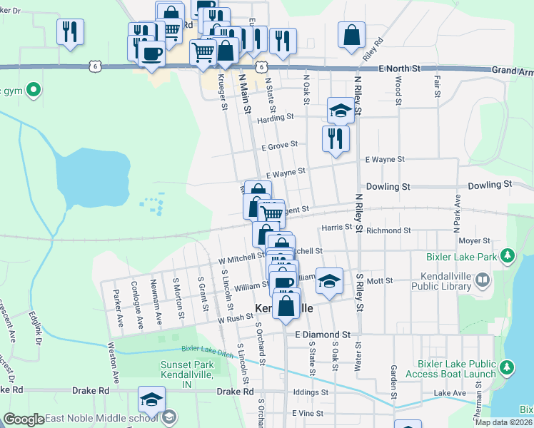 map of restaurants, bars, coffee shops, grocery stores, and more near 207-245 N Main St in Kendallville