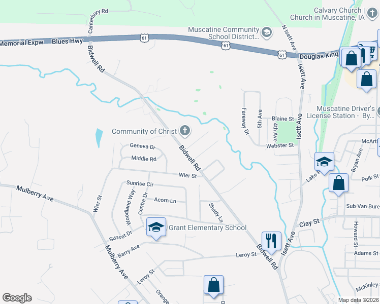 map of restaurants, bars, coffee shops, grocery stores, and more near 2320 Bidwell Road in Muscatine