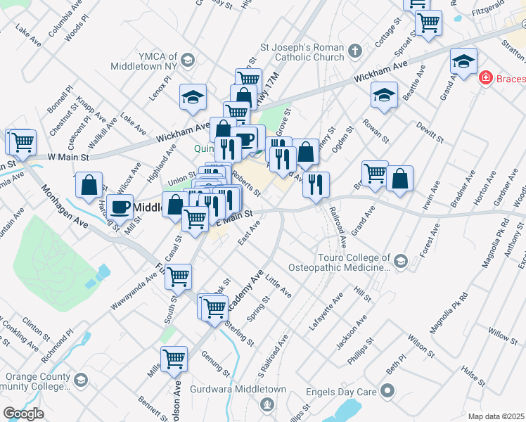 map of restaurants, bars, coffee shops, grocery stores, and more near East Main Street & East Avenue in Middletown