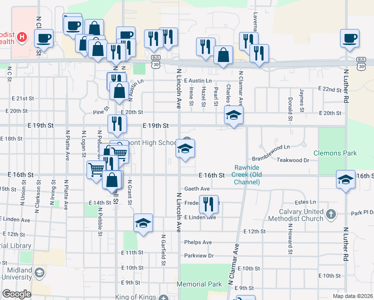 map of restaurants, bars, coffee shops, grocery stores, and more near 1750 North Lincoln Avenue in Fremont