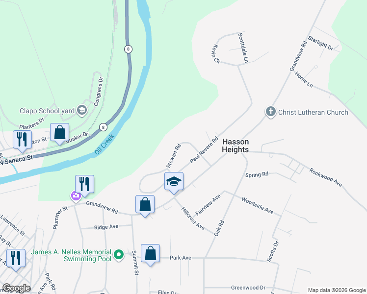 map of restaurants, bars, coffee shops, grocery stores, and more near 29 Paul Revere Road in Oil City