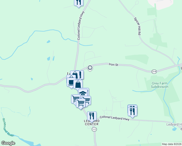 map of restaurants, bars, coffee shops, grocery stores, and more near 17 Iron Street in Ledyard