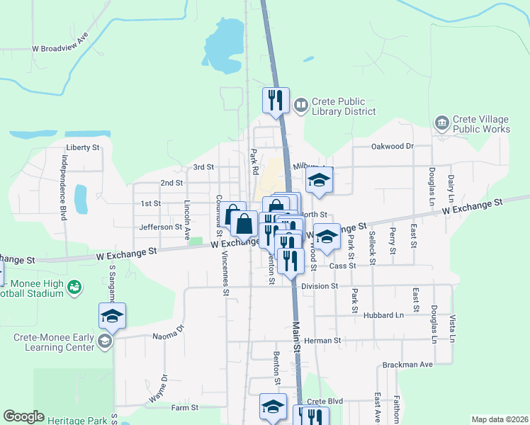 map of restaurants, bars, coffee shops, grocery stores, and more near 526 1st Street in Crete