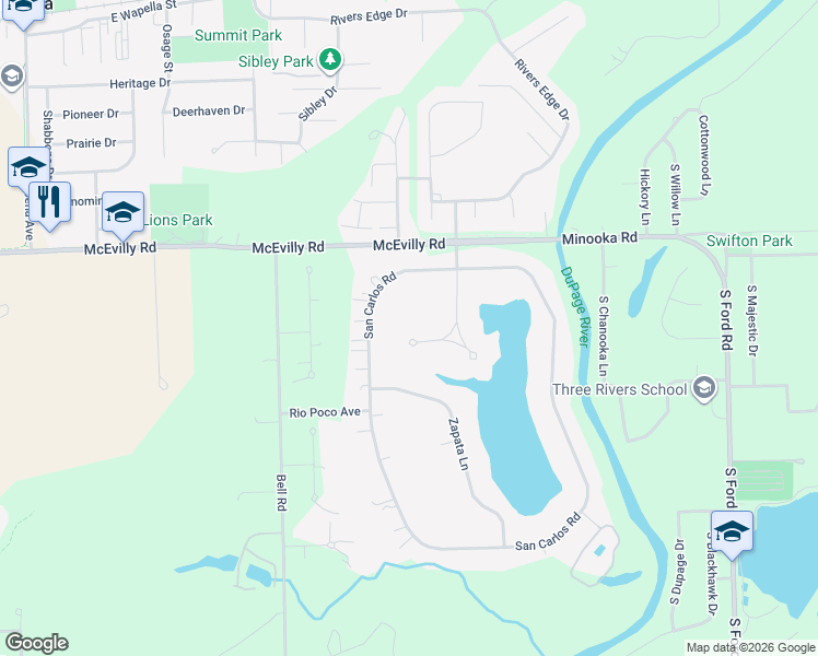 map of restaurants, bars, coffee shops, grocery stores, and more near 112 San Carlos Road in Minooka