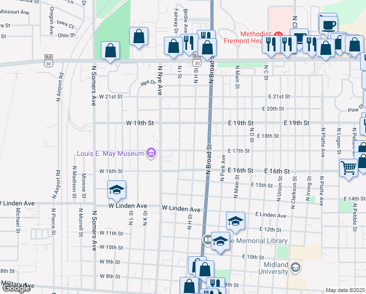 map of restaurants, bars, coffee shops, grocery stores, and more near 1805 North H Street in Fremont